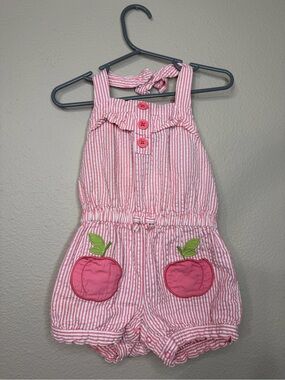 Gymboree Pink and White Striped Apple Pocket Romper